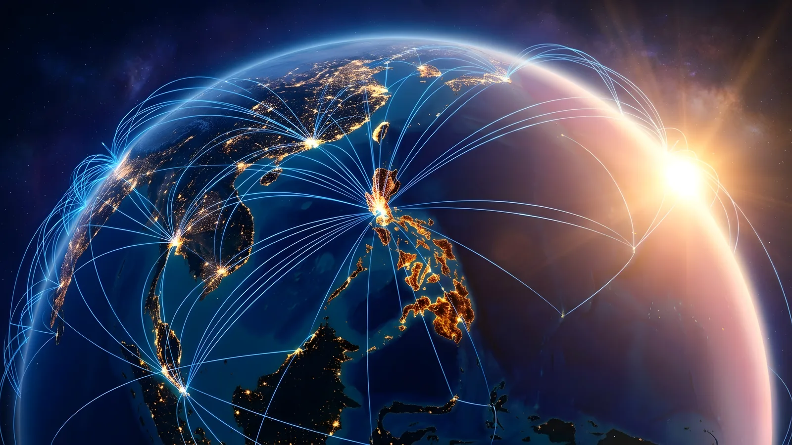 Earth viewed from orbit with global connectivity lines converging over Southeast Asia