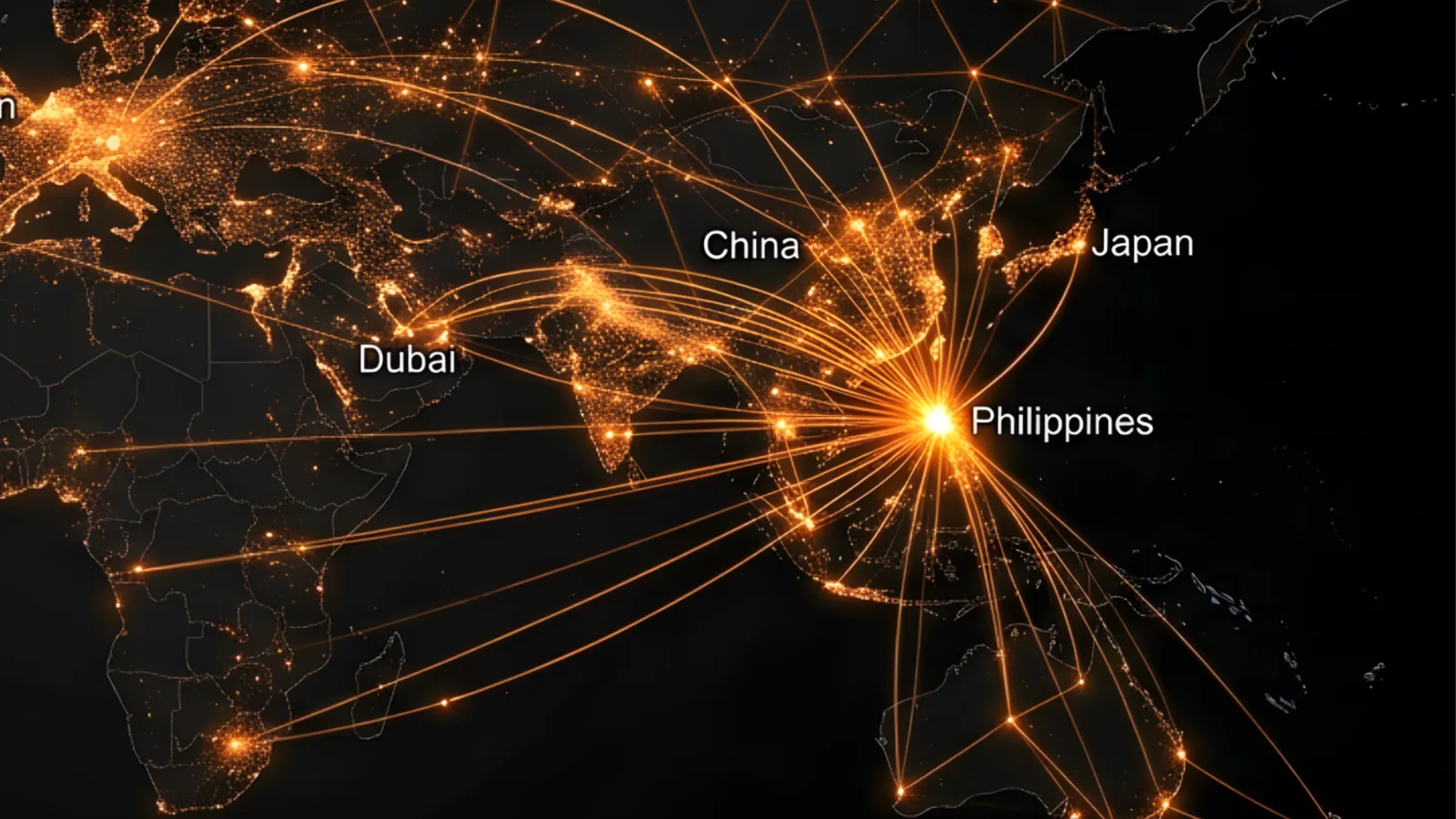 Night-lights map showing SunBeds' global distribution network connecting the Philippines to Dubai, China, and Japan
